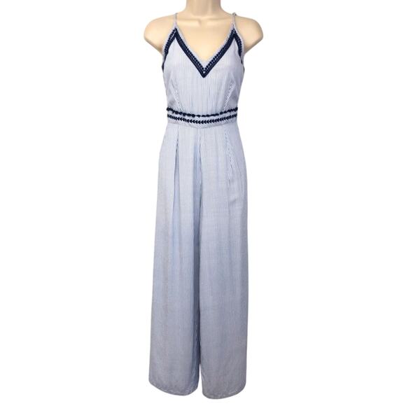 Japana Pants - Japna Trendy Blue White Stripe Jumpsuit Dainty Embroidery Wide Leg Palazzo Style